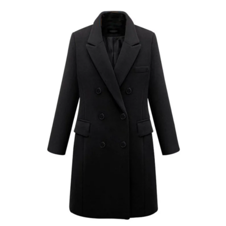 "Damernas långa kappa framifrån, elegant och värmande, stilren design för vintermode."