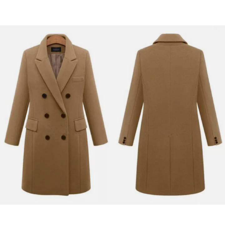 "Damernas långa kappa framifrån, elegant och värmande, stilren design för vintermode."