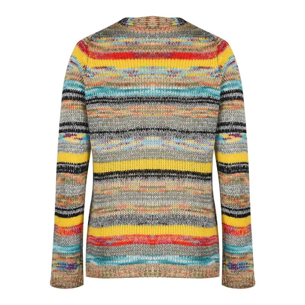 "Damernas multifärgad cardigan, lätt stickat material, åtsittande passform, perfekt för vardag och festliga tillfällen."