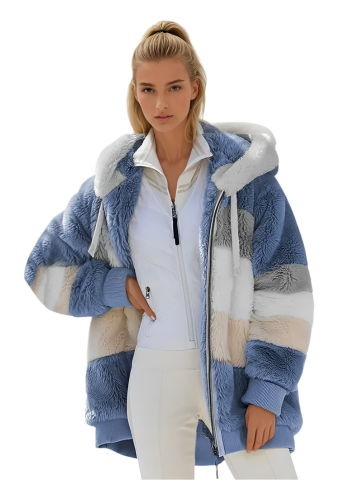 Damernas paddad långjacka med chic design, kontrasterande mönster, mjukt fuskpälsfoder, perfekt för kallt vinterväder.