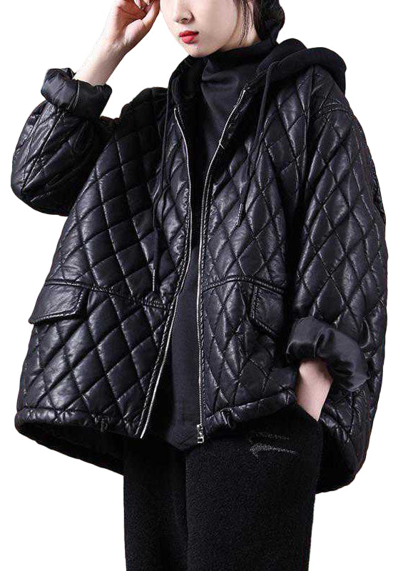 Damernas svarta hooded zipparjacka med patchwork, casual stil, huva, lång ärm, unik design, passar för vinterdagar.