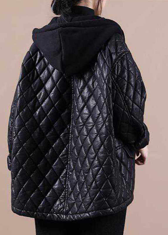 Damernas svarta hooded zipparjacka med patchwork, casual stil, huva, lång ärm, unik design, passar för vinterdagar.