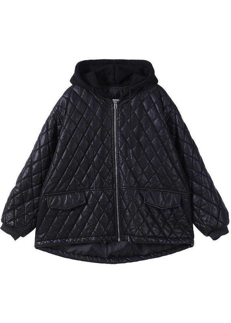 Damernas svarta hooded zipparjacka med patchwork, casual stil, huva, lång ärm, unik design, passar för vinterdagar.