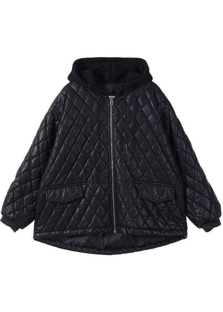 Damernas svarta hooded zipparjacka med patchwork, casual stil, huva, lång ärm, unik design, passar för vinterdagar.