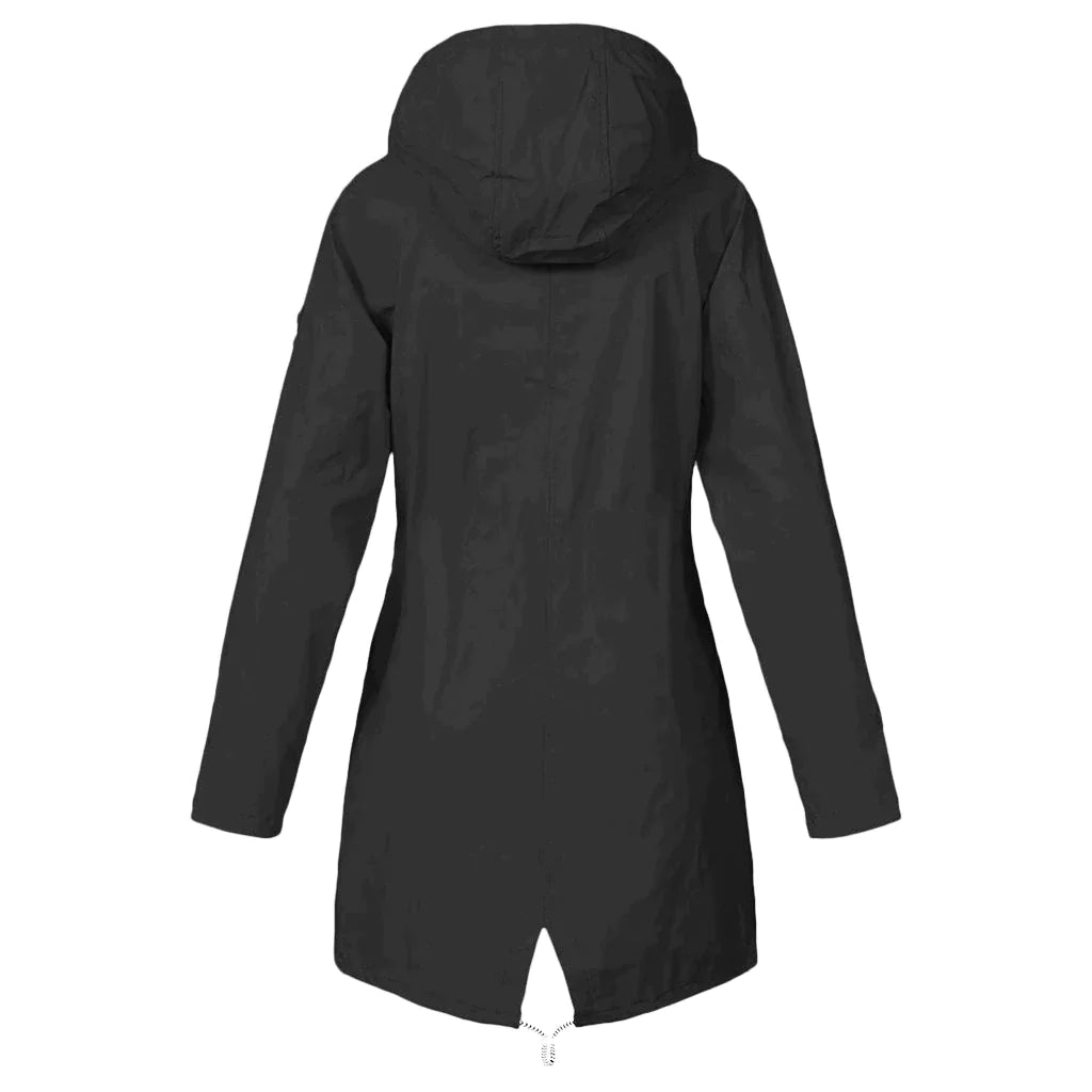 Damernas vattentäta regnjacka med justerbar huva, stilren design, flera fickor, elegant blå färg, perfekt för regniga dagar.
