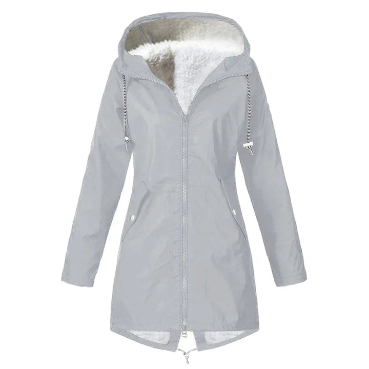 Damernas vattentäta regnjacka med justerbar huva, stilren design, flera fickor, elegant blå färg, perfekt för regniga dagar.