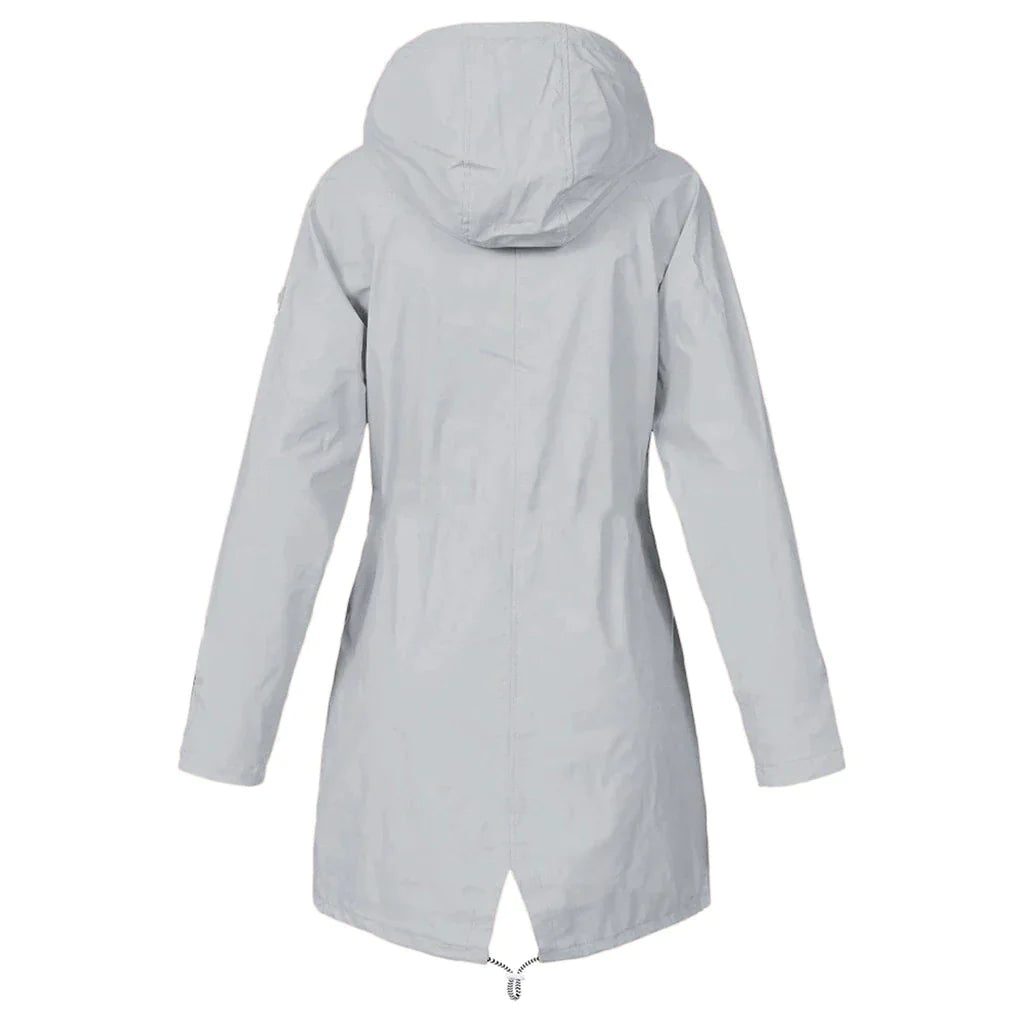Damernas vattentäta regnjacka med justerbar huva, stilren design, flera fickor, elegant blå färg, perfekt för regniga dagar.