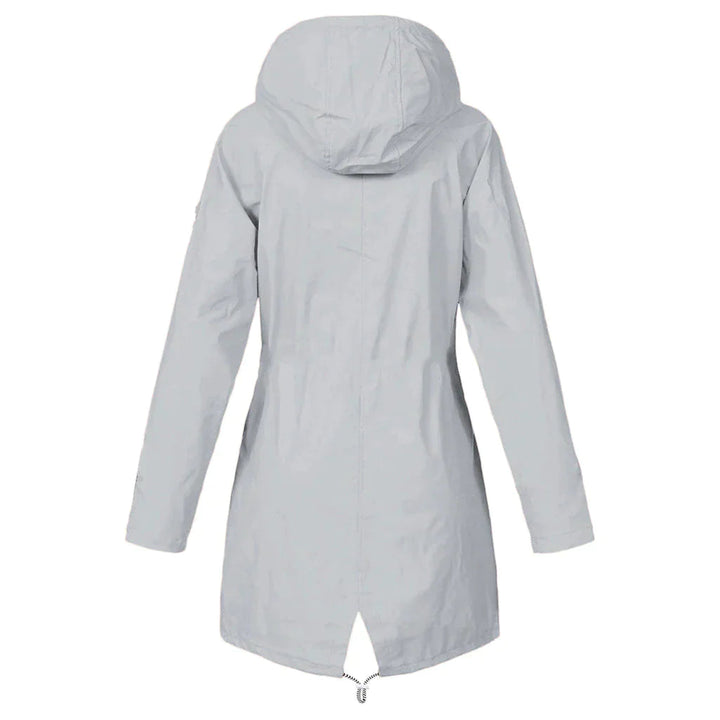 Damernas vattentäta regnjacka med justerbar huva, stilren design, flera fickor, elegant blå färg, perfekt för regniga dagar.
