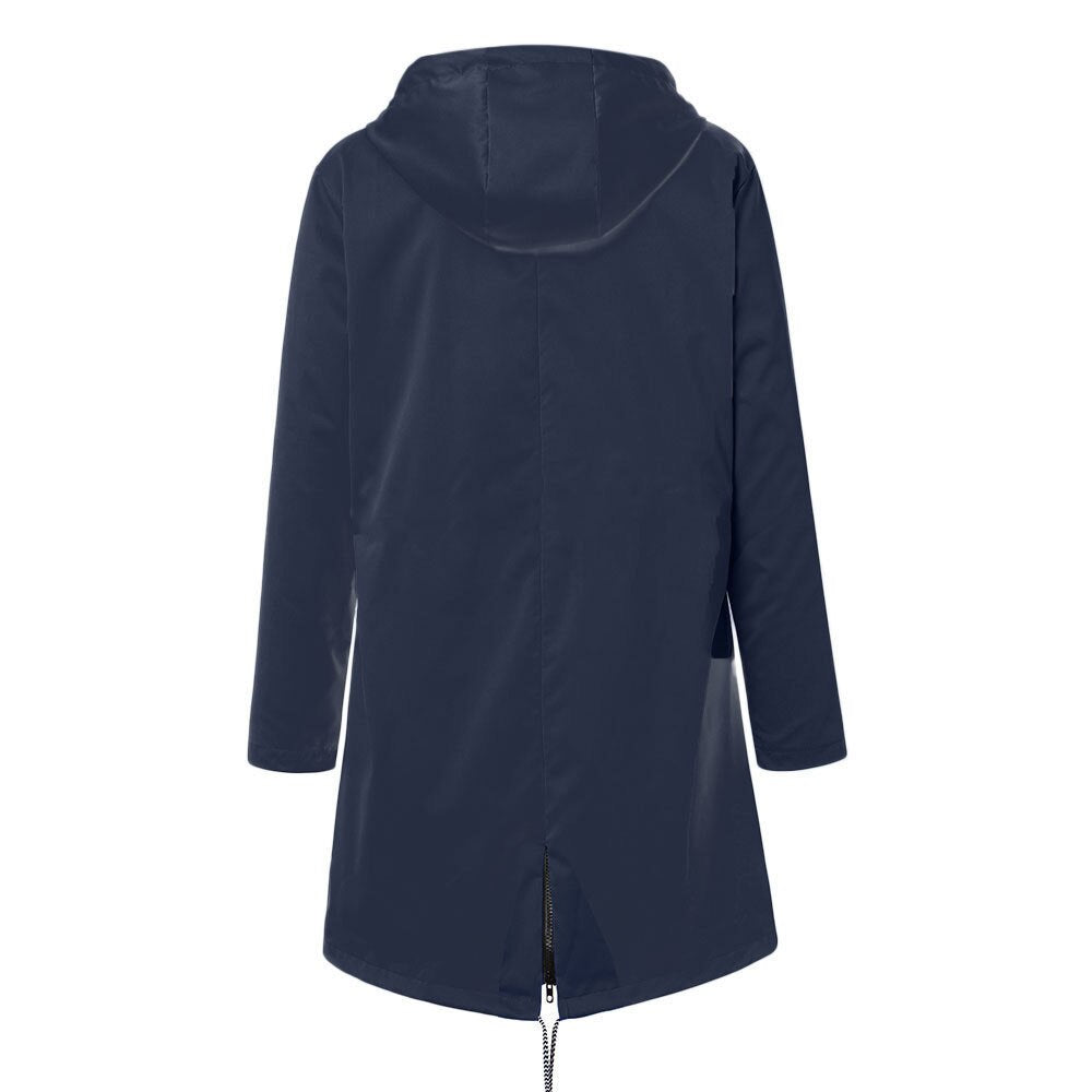 Damernas vattentäta regnjacka med justerbar huva, stilren design, flera fickor, elegant blå färg, perfekt för regniga dagar.