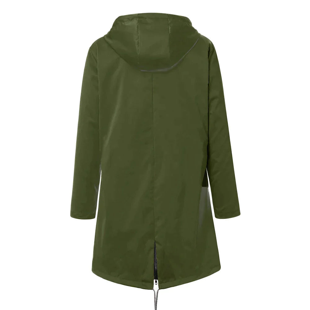 Damernas vattentäta regnjacka med justerbar huva, stilren design, flera fickor, elegant blå färg, perfekt för regniga dagar.