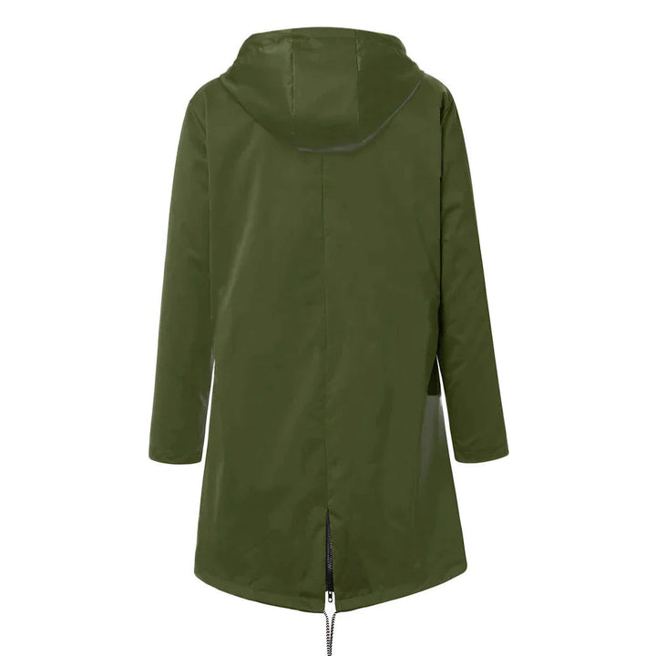 Damernas vattentäta regnjacka med justerbar huva, stilren design, flera fickor, elegant blå färg, perfekt för regniga dagar.