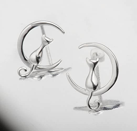 "Dametiska örhängen i silver med kattmotiv, hypoallergeniska, elegant design, sofistikerade smycken för känsliga öron."