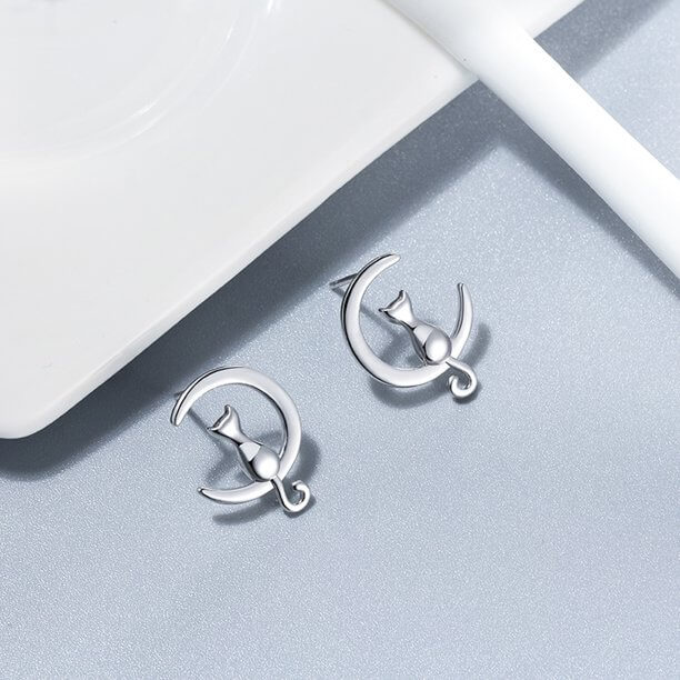 "Dametiska örhängen i silver med kattmotiv, hypoallergeniska, elegant design, sofistikerade smycken för känsliga öron."