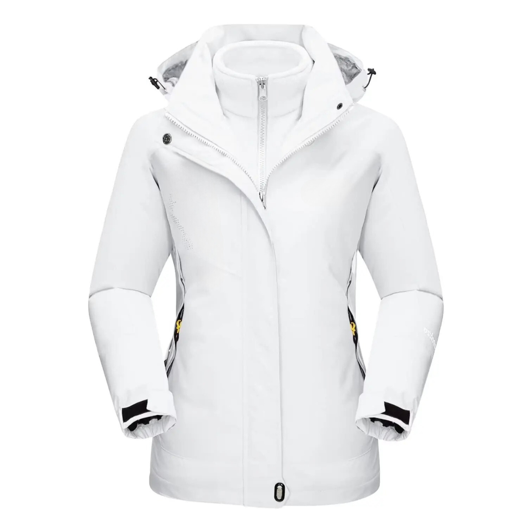 Damjacka 3-i-1 med fleecefoder, vind- och vattenavvisande, svart färg, stilren design, perfekt för vinter och äventyr.
