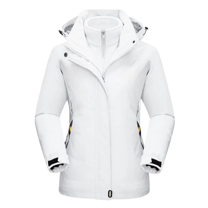 Damjacka 3-i-1 med fleecefoder, vind- och vattenavvisande, svart färg, stilren design, perfekt för vinter och äventyr.