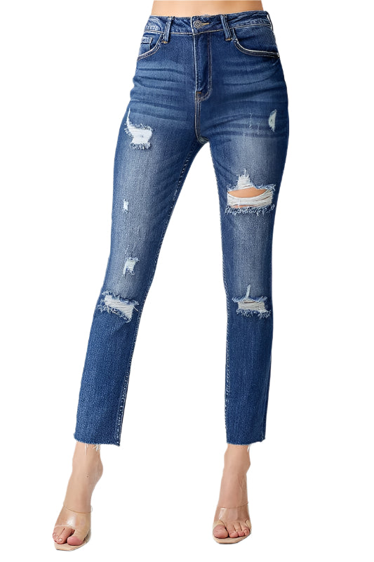 "Damjeans med hög midja, avslappnad passform, skinny stil, slitningar, figursmickrande och trendig design."