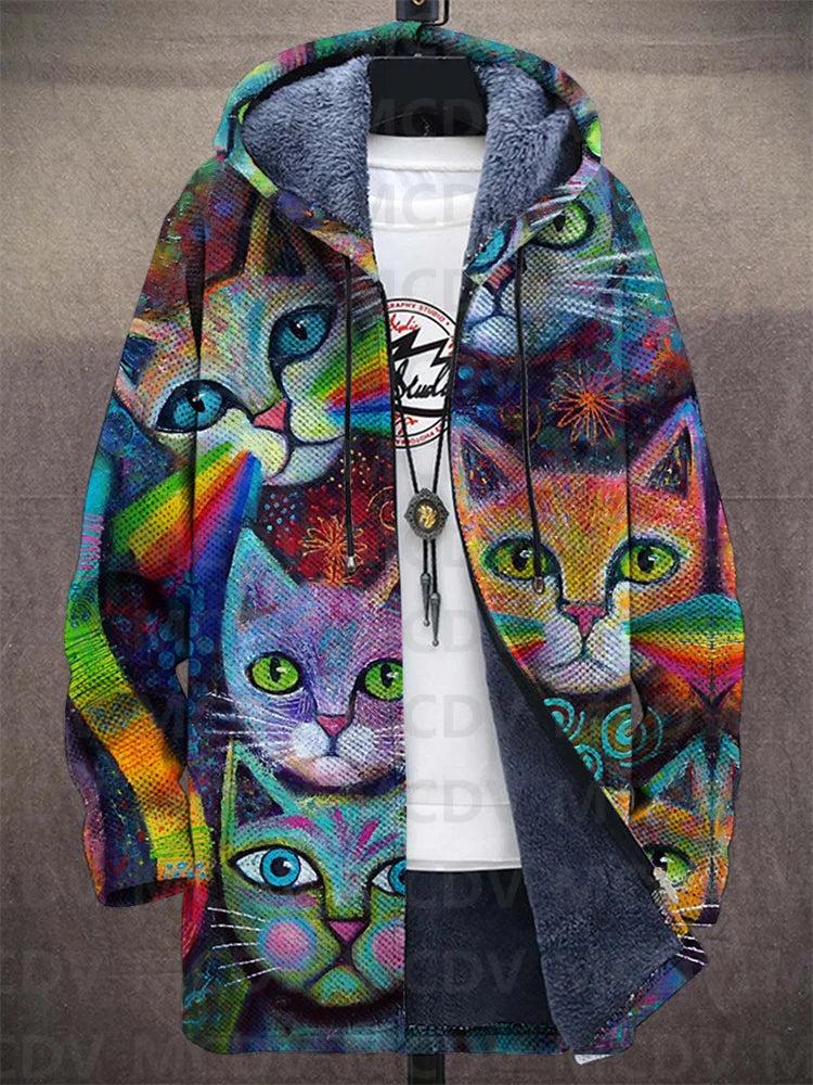 "Damkappa i fleece med kattmönster och lös passform, perfekt för kalla dagar, kombinerar stil och komfort."