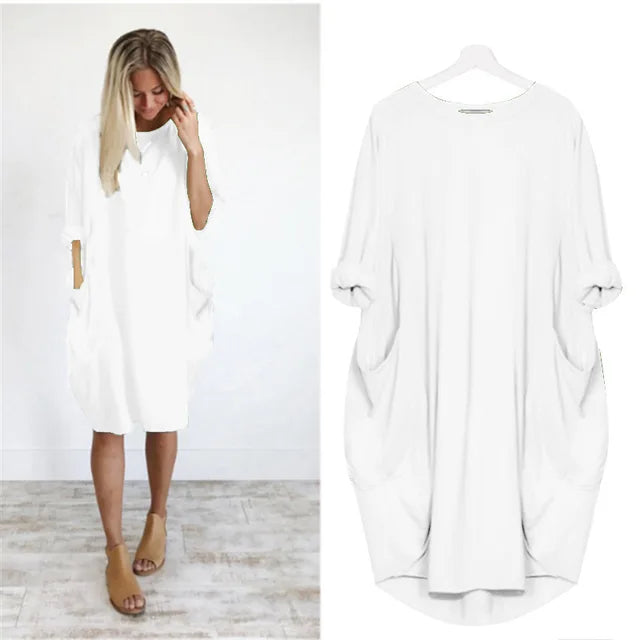 "Dams klänning oversized, rund hals, mjukt tyg, lös passform, dolda fickor, elegant stil, perfekta för alla tillfällen."