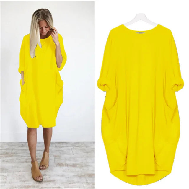 "Dams klänning oversized, rund hals, mjukt tyg, lös passform, dolda fickor, elegant stil, perfekta för alla tillfällen."