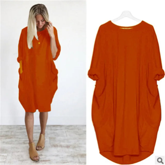 "Dams klänning oversized, rund hals, mjukt tyg, lös passform, dolda fickor, elegant stil, perfekta för alla tillfällen."