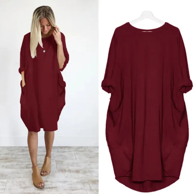 "Dams klänning oversized, rund hals, mjukt tyg, lös passform, dolda fickor, elegant stil, perfekta för alla tillfällen."