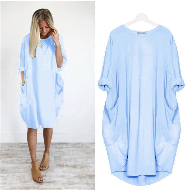"Dams klänning oversized, rund hals, mjukt tyg, lös passform, dolda fickor, elegant stil, perfekta för alla tillfällen."