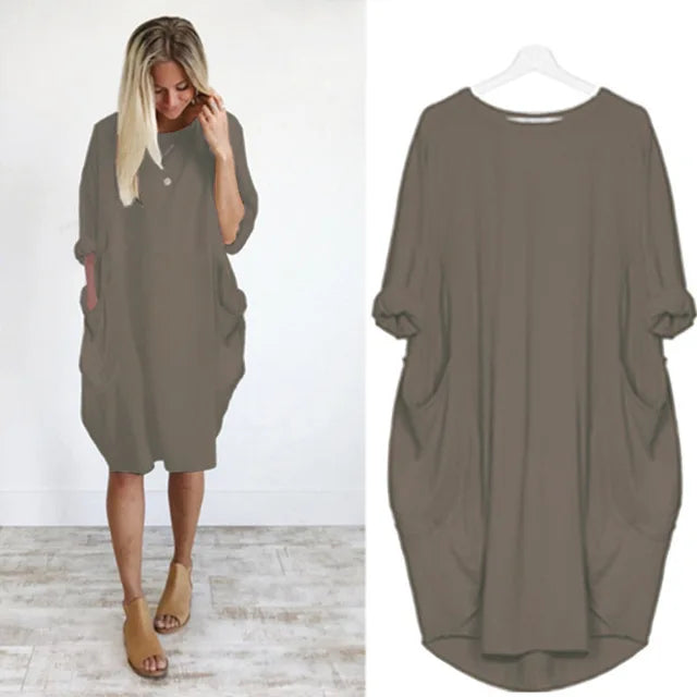 "Dams klänning oversized, rund hals, mjukt tyg, lös passform, dolda fickor, elegant stil, perfekta för alla tillfällen."