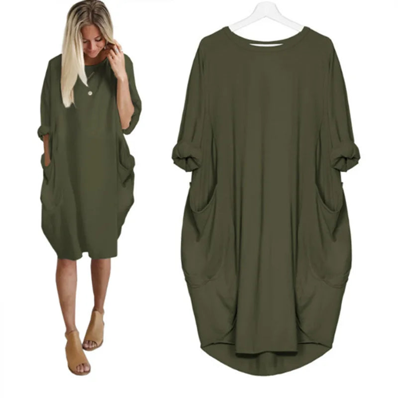 "Dams klänning oversized, rund hals, mjukt tyg, lös passform, dolda fickor, elegant stil, perfekta för alla tillfällen."