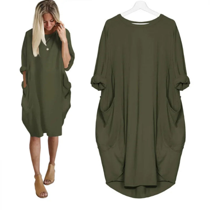 "Dams klänning oversized, rund hals, mjukt tyg, lös passform, dolda fickor, elegant stil, perfekta för alla tillfällen."