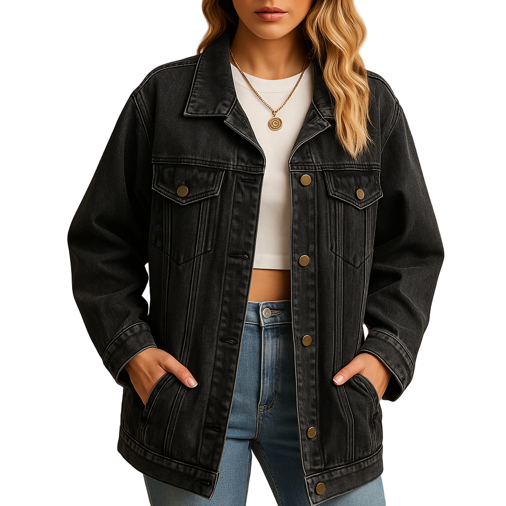 "Dams vinterjacka i denim med chic knapplåsning, elegant design och fodrad för värme, perfekt för kalla dagar."