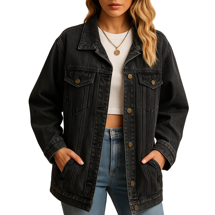 "Dams vinterjacka i denim med chic knapplåsning, elegant design och fodrad för värme, perfekt för kalla dagar."
