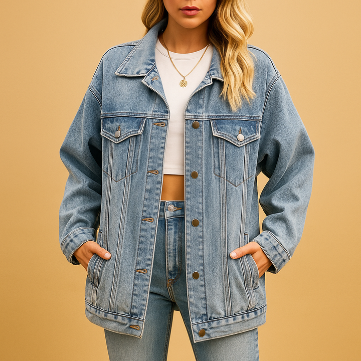 "Dams vinterjacka i denim med chic knapplåsning, elegant design och fodrad för värme, perfekt för kalla dagar."