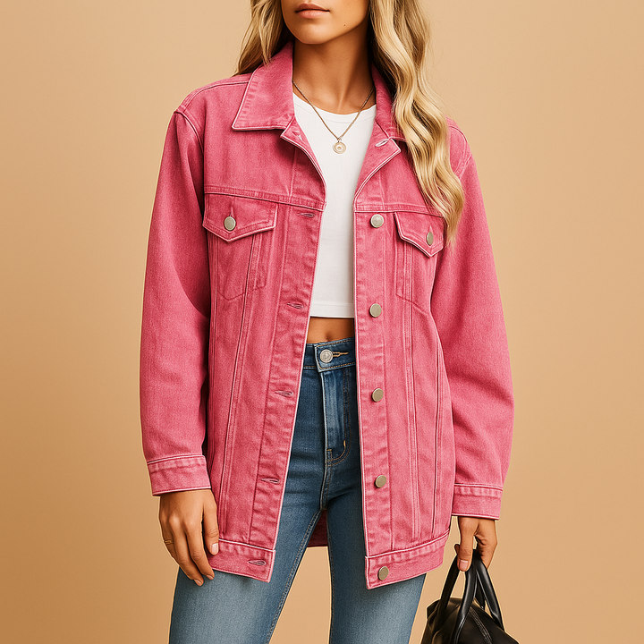 "Dams vinterjacka i denim med chic knapplåsning, elegant design och fodrad för värme, perfekt för kalla dagar."