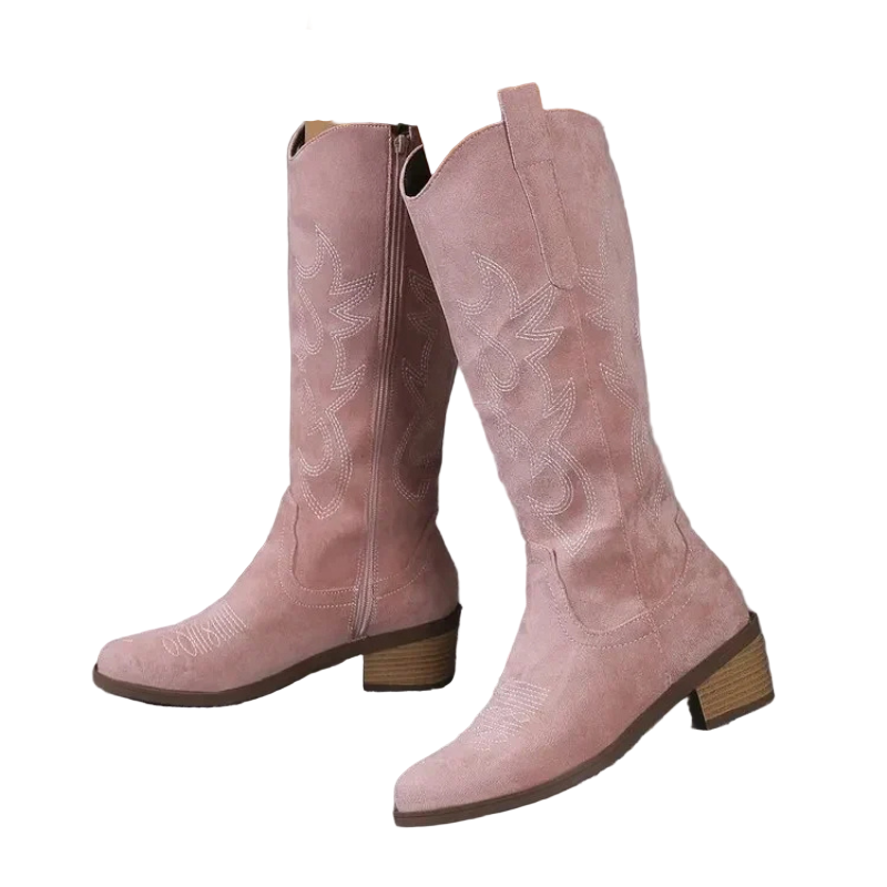 "Damskor cowboy-stil, knähöga stövlar med klassiska västerndetaljer och ergonomisk innersula för stil och komfort."