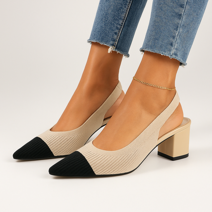 "Damskor slingback spetsig tå låg blockklack, mjuk stickad struktur finns i flera färger."