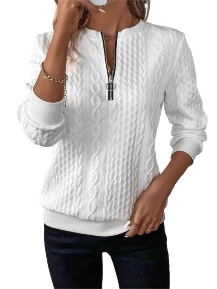 "Damsweatshirt med halv dragkedja och textur, elegant design för alla tillfällen, neutral färg och rak passform."