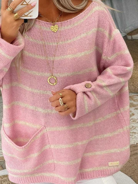 "Damtröja i randigt mönster med rund hals, långärmad i akryl och polyester för elegant, avslappnad look."