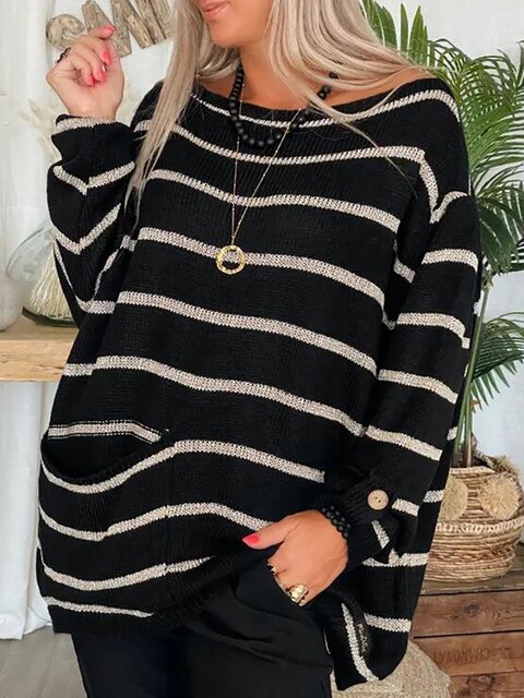 "Damtröja i randigt mönster med rund hals, långärmad i akryl och polyester för elegant, avslappnad look."
