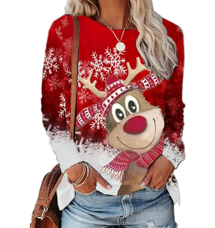 "Damtroja med julmotiv, festlig design i livliga färger, mjuk och varm perfekt för kalla vinterdagar, damtröja mode."