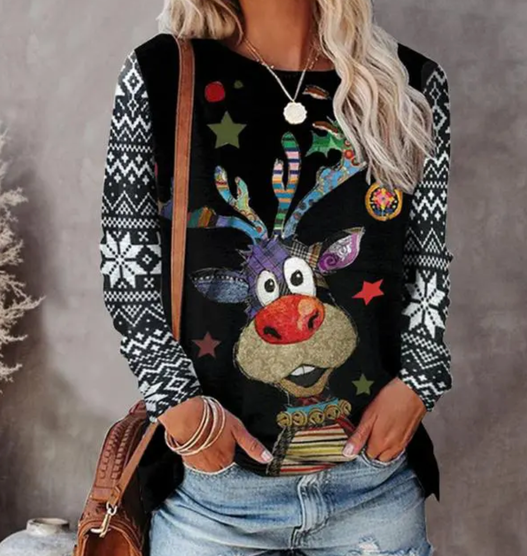 "Damtroja med julmotiv, festlig design i livliga färger, mjuk och varm perfekt för kalla vinterdagar, damtröja mode."