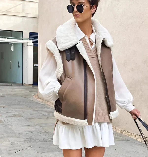 "Damväst i mjuk ullmix, chic höststil, brun, elegant design, passar formella och vardagliga kläder, bekväm och stilren."