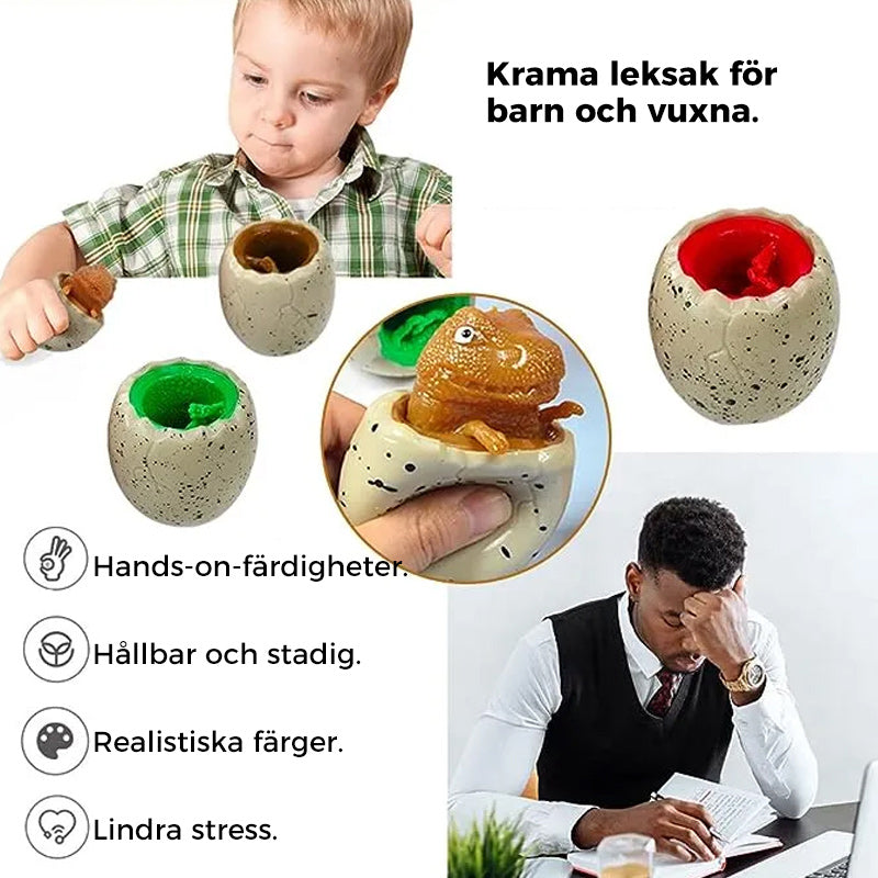 "Dinosaurieägg kramleksak, färgglad och mjuk, designad för stresslindring och välmående, idealisk för barn och vuxna."