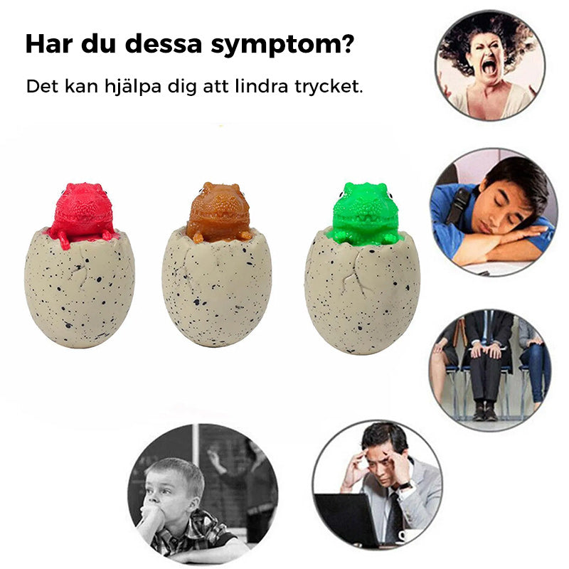"Dinosaurieägg kramleksak, färgglad och mjuk, designad för stresslindring och välmående, idealisk för barn och vuxna."