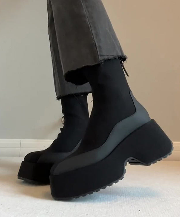 Djärva kvinnors plattform stövlar med dragkedja, 7 cm hög sula, elegant design i kohudsläder, perfekt för vardag och fest.