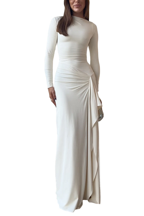 "Draperad maxiklänning för kvinnor med långa ärmar, ljusbrun med elegant slits, perfekt för festliga tillfällen."