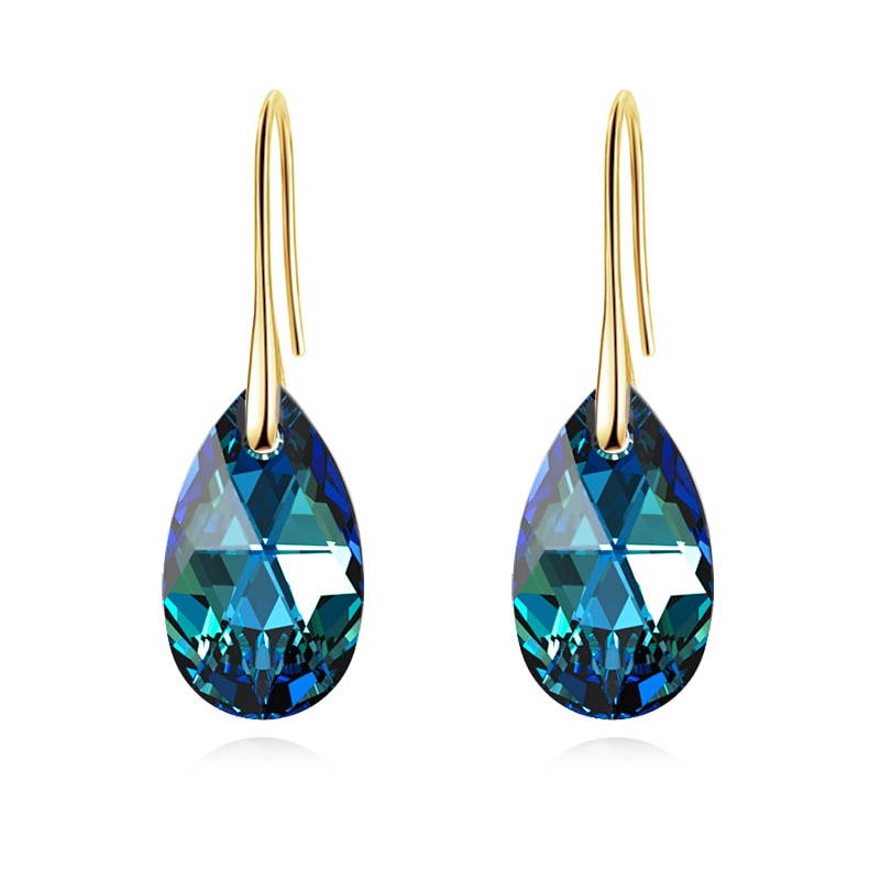 Droppformade kristallörhängen för kvinnor med blå akvamarinstenar och CZ-zirkonia, pläterade med sterling silver.