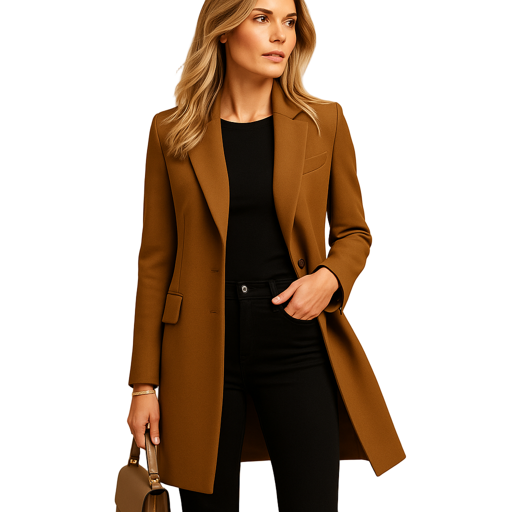 "Dubbelknäppt damtrenchcoat, klassisk stil, elegant och tidlös, perfekt för formella och vardagliga tillfällen."