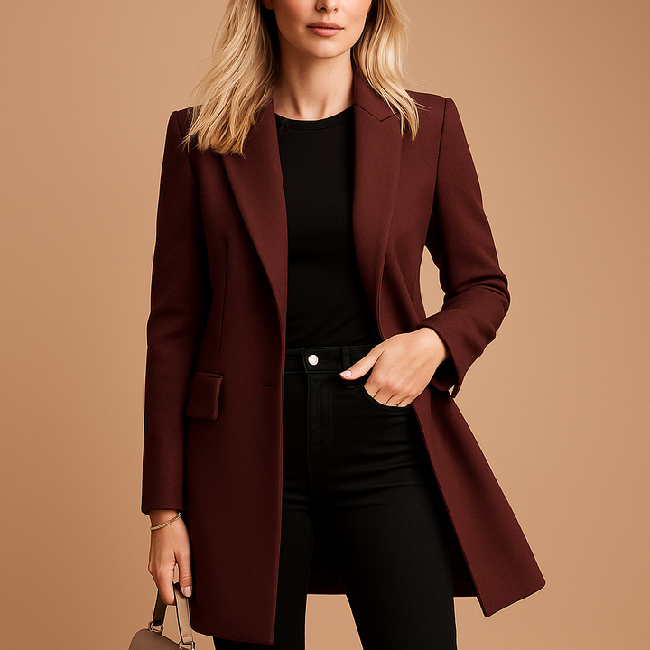"Dubbelknäppt damtrenchcoat, klassisk stil, elegant och tidlös, perfekt för formella och vardagliga tillfällen."