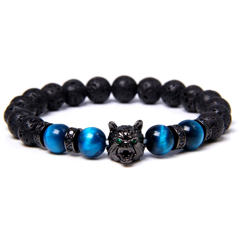 Elastiskt armband med wolf tigerögonpärlor, 8mm, zinklegering, mystisk design, herraccessoar för stil och styrka.