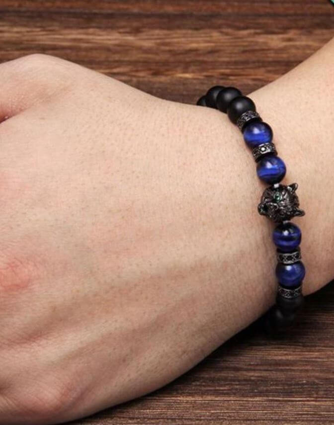 Elastiskt armband med wolf tigerögonpärlor, 8mm, zinklegering, mystisk design, herraccessoar för stil och styrka.